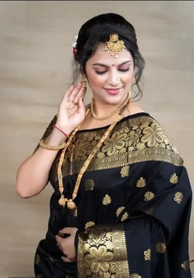 Nirvaan Woven, Printed, Self Design Banarasi Cotton Silk, Jacquard Saree(Black)