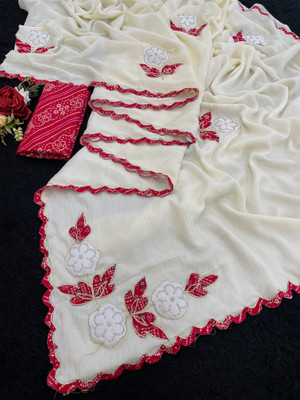 BELLETRENDZ Embroidered Bollywood Chiffon Saree(White, Red)