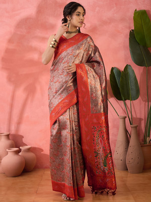 Sangria Self Design Saree with Attached Blouse Silk Blend Saree(Orange)