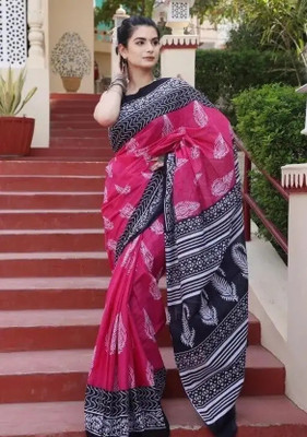 HouseOfCommon Blocked Printed Bollywood Chanderi Saree(Pink)