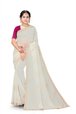 KesariyaVeil Embroidered Bollywood Georgette Saree(White)