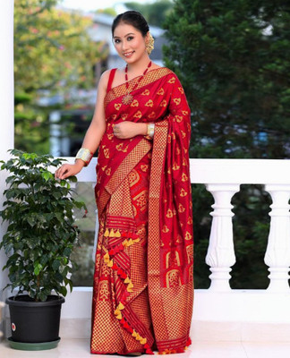 VM Selling Hub Printed Mekhela Chador Silk Blend Saree(Red)