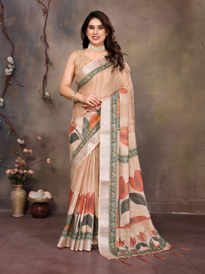 The Style Sanctuary Floral Print, Printed Daily Wear Cotton Linen Saree(Cream)