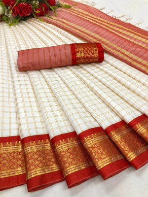 Bombey Velvat Fab Woven Dharmavaram Pure Silk, Cotton Silk Saree(Red, White, Gold)
