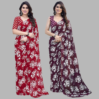 Anand Sarees Printed Daily Wear Georgette Saree(Pack of 2, Red, Maroon)