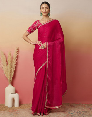 Satrani Embroidered, Solid/Plain Bollywood Chiffon, Jimmy choo Saree(Pink)