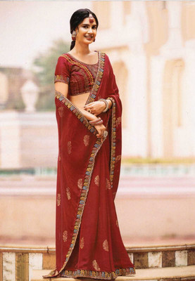 Aruma Floral Print Bollywood Linen Saree(Maroon)