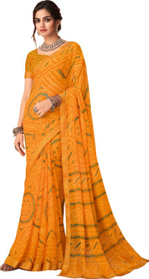 Akhilam Geometric Print Bandhani Chiffon Saree(Yellow)