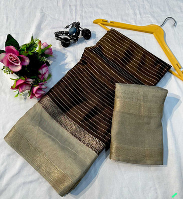 RAAVIENTERPRISE Striped Mysore Silk Blend Saree(Brown, Grey)