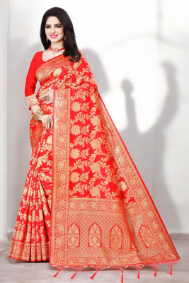 Pikham Self Design Banarasi Art Silk Saree(Red)