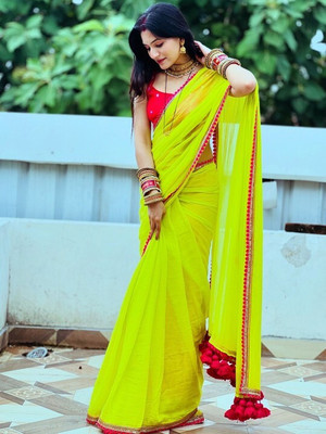 Vragi Solid/Plain Bollywood Georgette Saree(Light Green)