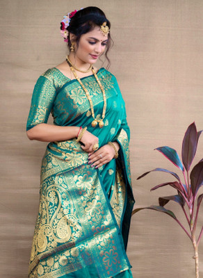 GajGajra Embellished, Self Design, Woven Daily Wear Jacquard, Silk Blend Saree(Light Green)