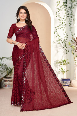 MAA CREATION Embellished Bollywood Net Saree(Maroon)