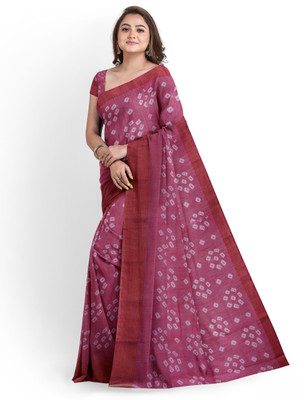 aslisanskriti Printed Bandhani Cotton Blend Saree(Pink)