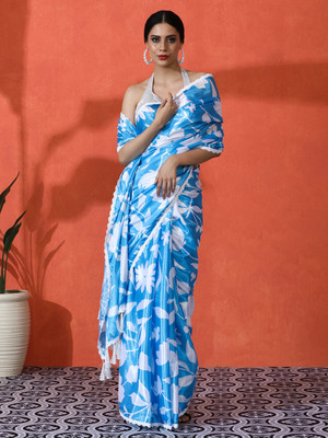 Sangria Printed Daily Wear Satin Saree(Blue)
