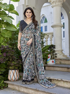 NIRMOHIFASHION Floral Print Bollywood Georgette Saree(Black, Grey)