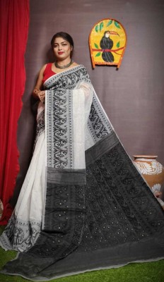 Krishneshwari Self Design, Woven Jamdani Pure Cotton Saree(Black, White)