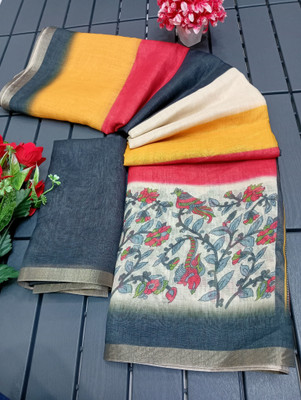 PRTRENDZ Printed Kanjivaram Linen, Cotton Linen Saree(Multicolor)