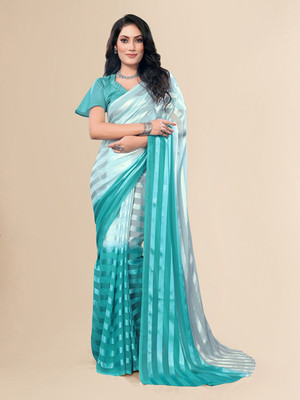 Moda Rapido Striped, Self Design Daily Wear Satin Saree(Blue)