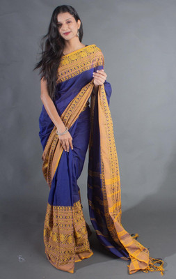 GaurabHandloom Self Design Handloom Cotton Blend Saree(Blue)