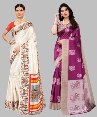 Priyashi Floral Print, Printed, Self Design Mysore Art Silk Saree(Pack of 2, Orange, Purple)