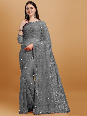 LOROFY Embellished Bollywood Net Saree(Grey)
