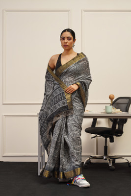 Ready To Wear By Tikhi Imli Printed Bollywood Cotton Blend Saree(Grey)