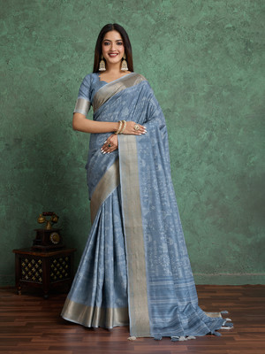 RekhaManiyar Printed Saree with Attached Blouse Silk Blend Saree(Grey)