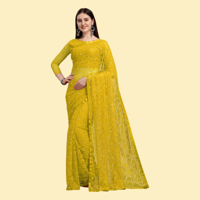 nexxxa Self Design Bollywood Net Saree(Yellow)