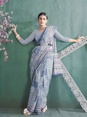 HERE&NOW Printed Ikkat Pure Cotton Saree(Blue)