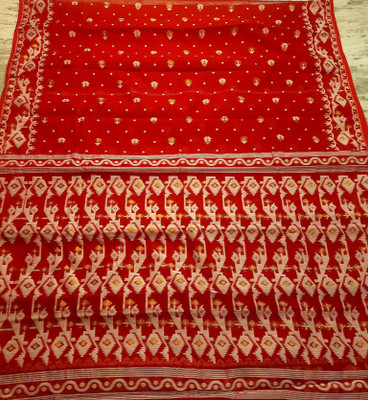 SAMPURNA Woven Jamdani Cotton Blend Saree(Red)