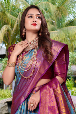 jayant creation Self Design, Woven Banarasi Silk Blend, Jacquard Saree(Light Blue)