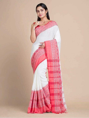 RADHA KRISHNA SARE EHOUSE Solid/Plain Handloom Cotton Blend Saree(Multicolor, Pink, White)
