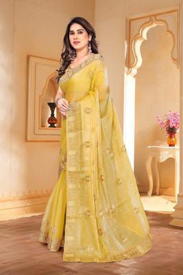 KHRITI FAB Embroidered Bollywood Jimmy choo Saree(Yellow)