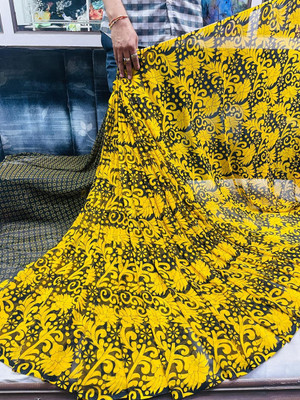 HouseOfCommon Printed Bollywood Georgette Saree(Yellow)