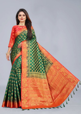 DHRUVIL TEXTILES Self Design Banarasi Cotton Silk Saree(Green)