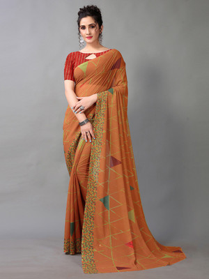 Shaily Geometric Print Bollywood Georgette Saree(Orange)