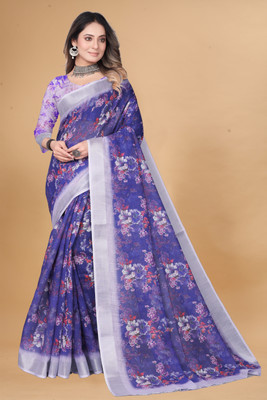 AYAAN CREATION Printed Bollywood Art Silk, Cotton Linen Saree(Blue)