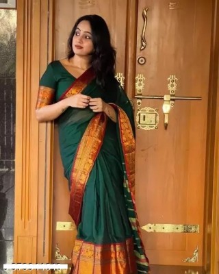 sahajanand fab Self Design, Woven Bollywood Art Silk, Cotton Silk Saree(Dark Green)