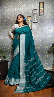 LDma Temple Border, Solid/Plain Handloom Cotton Silk Saree(Dark Green)