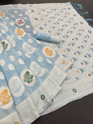 Clothestic Woven, Floral Print Kanjivaram Jacquard, Cotton Linen Saree(Light Blue)