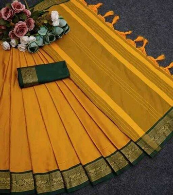 KHODALSAREEFEB Solid/Plain, Woven, Striped Banarasi Cotton Silk Saree(Dark Green, Purple)