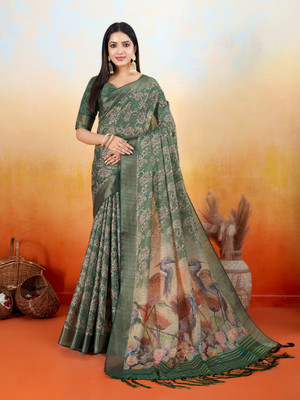 Tasrika Woven Kalamkari Tissue Saree(Green)
