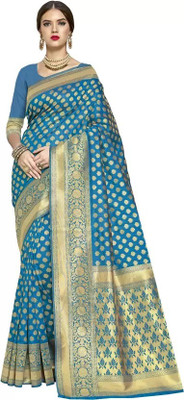 KIVERA Woven, Floral Print Banarasi Silk Blend Saree(Blue)