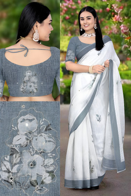 Drujha Digital Print Kantha Cotton Linen Saree(Grey, White)