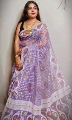 Viswas Woven, Self Design, Solid/Plain Jamdani Cotton Silk, Cotton Blend Saree(Purple)