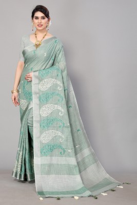 ALAGINI Self Design, Embroidered, Floral Print Bollywood Cotton Linen, Linen Saree(Dark Green)