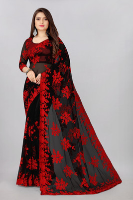 SILK SAREE HUB Embroidered Bollywood Net Saree(Black)