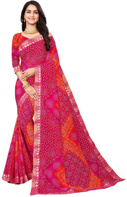 Kanooda Prints Printed Bandhani Georgette Saree(Pink)
