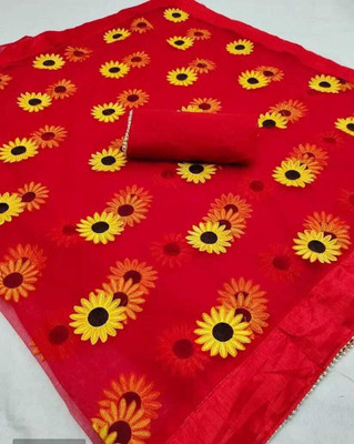 FUSIONVALLEY Embroidered Maheshwari Net Saree(Red)